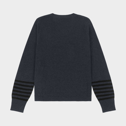 Marlborough V-Neck Pullover with Striped Sleeves Charcoal
