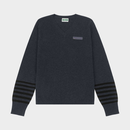 Marlborough V-Neck Pullover with Striped Sleeves Charcoal