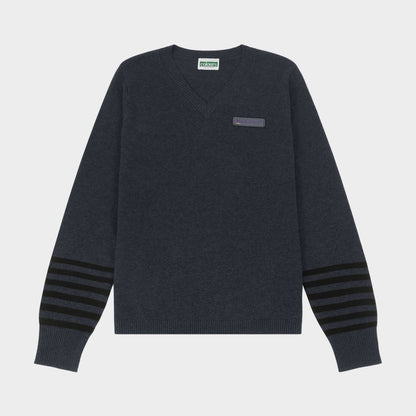 Marlborough V-Neck Pullover with Striped Sleeves Charcoal