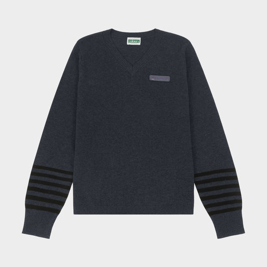 Marlborough V-Neck Pullover with Striped Sleeves Charcoal