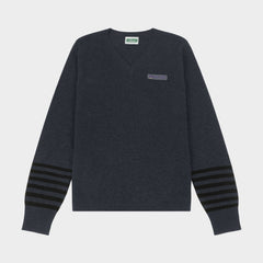 Marlborough V-Neck Pullover with Striped Sleeves Charcoal
