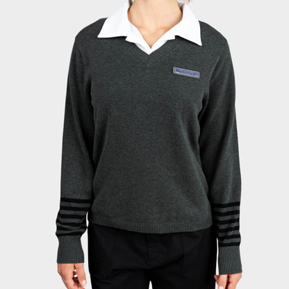 Marlborough V-Neck Pullover with Striped Sleeves Charcoal