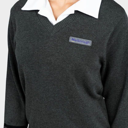 Marlborough V-Neck Pullover with Striped Sleeves Charcoal
