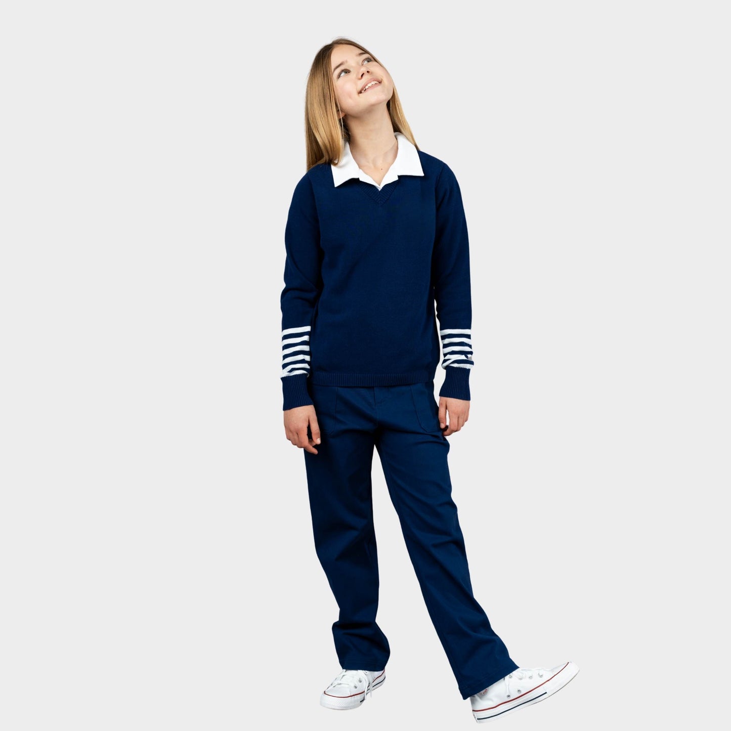 NDB V-Neck Pullover with Striped Sleeves Navy
