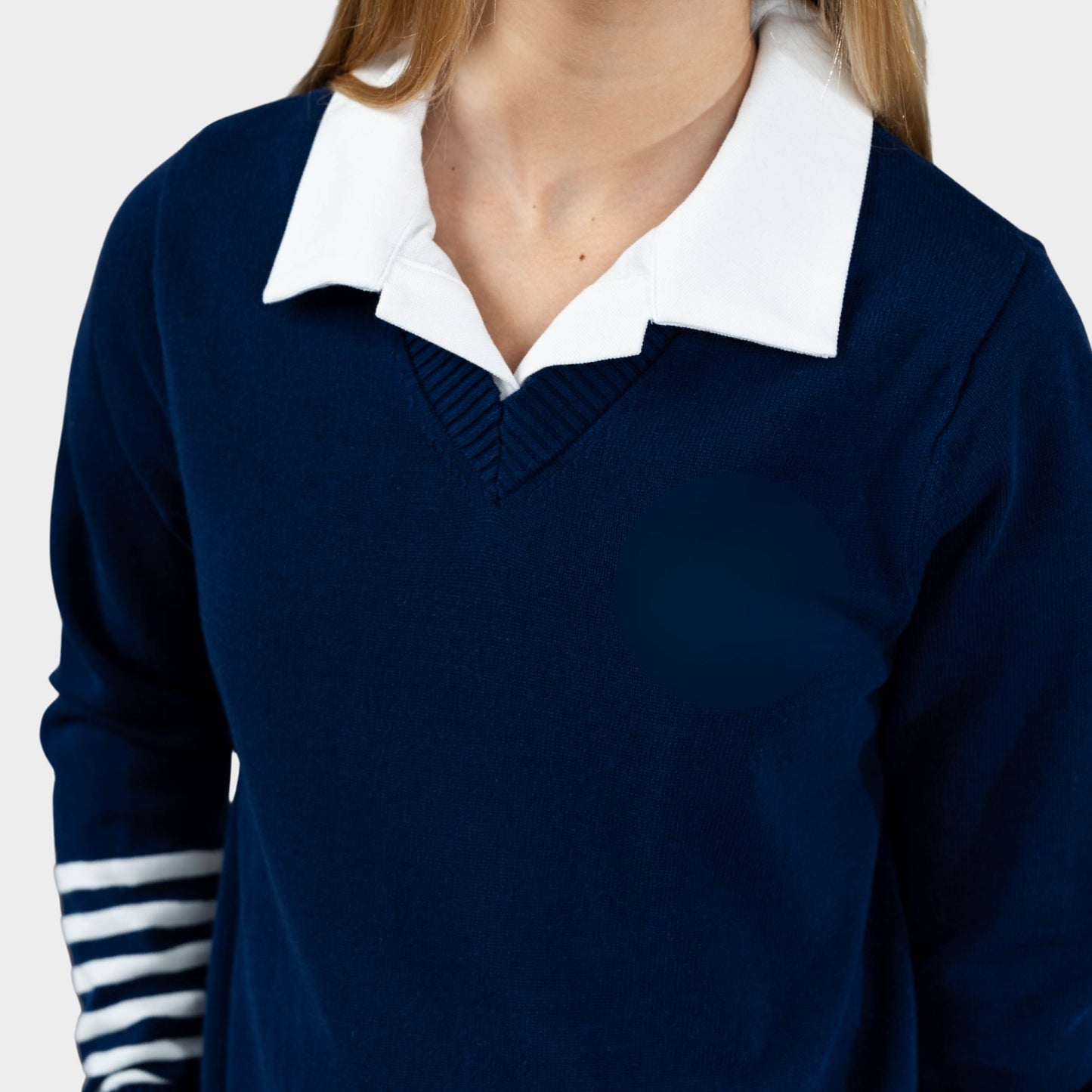 NDB V-Neck Pullover with Striped Sleeves Navy