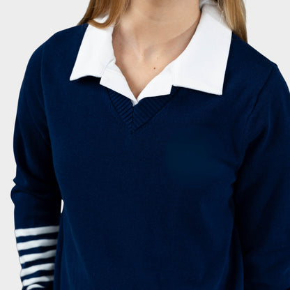 NDB V-Neck Pullover with Striped Sleeves Navy