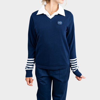 NDB V-Neck Pullover with Striped Sleeves Navy