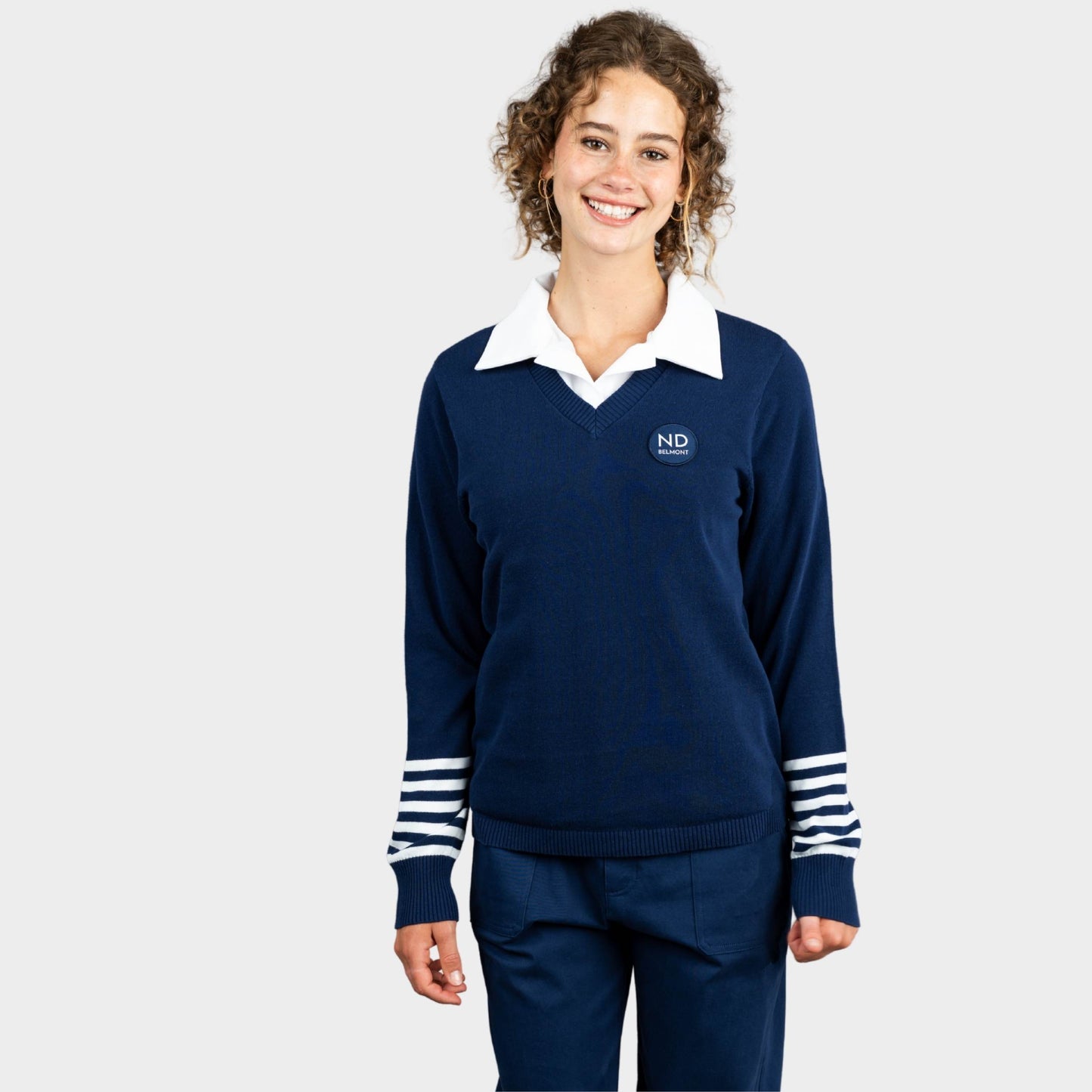 NDB V-Neck Pullover with Striped Sleeves Navy