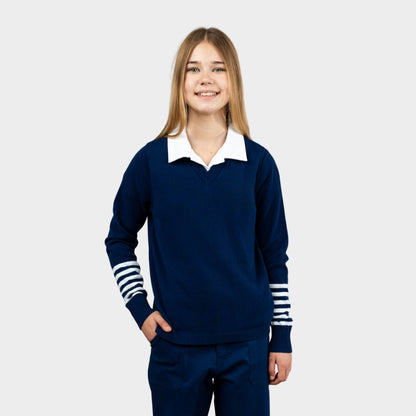 NDB V-Neck Pullover with Striped Sleeves Navy
