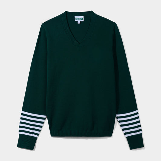 V-Neck Pullover with Striped Sleeves Green