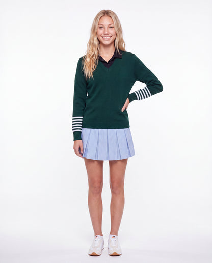 V-Neck Pullover with Striped Sleeves Green