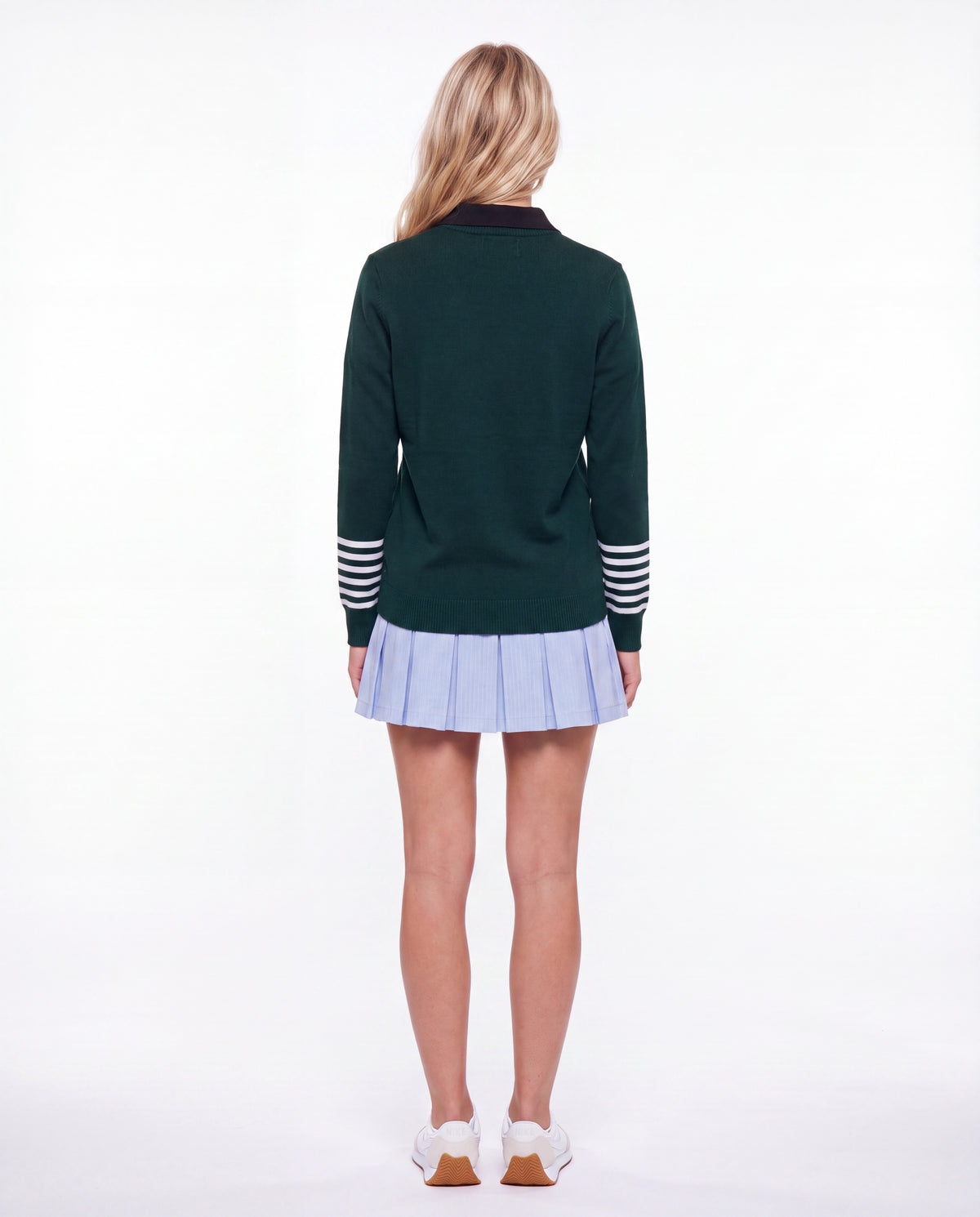 V-Neck Pullover with Striped Sleeves Green