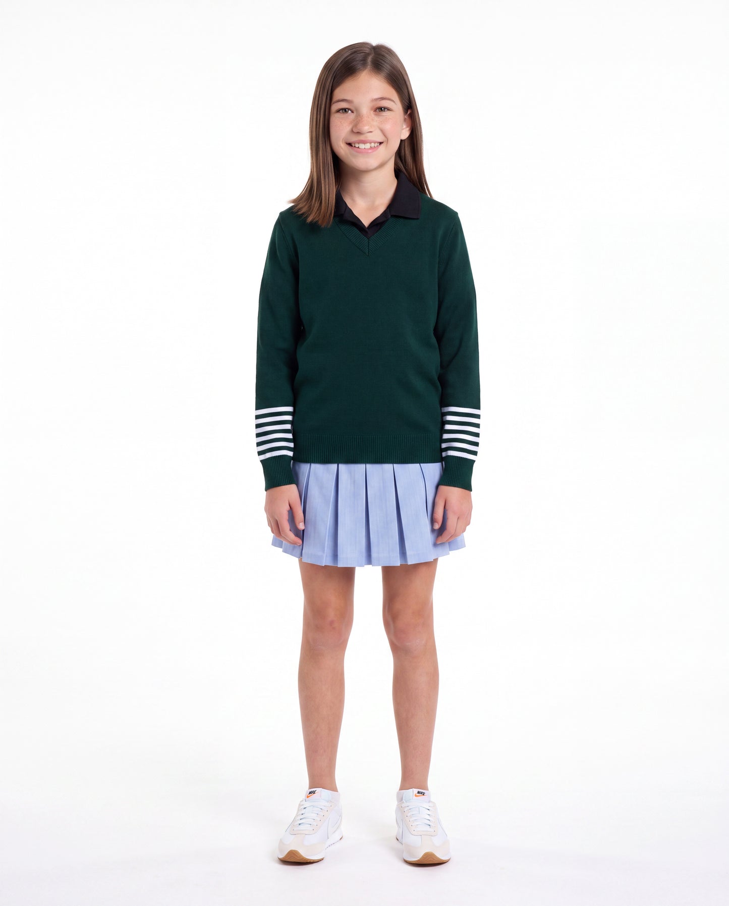 V-Neck Pullover with Striped Sleeves Green