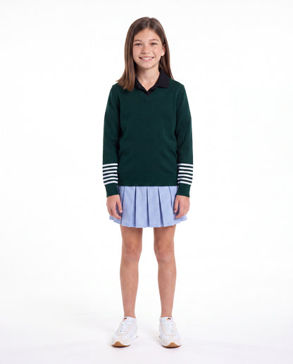 V-Neck Pullover with Striped Sleeves Green