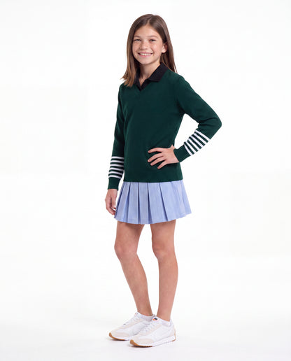 V-Neck Pullover with Striped Sleeves Green