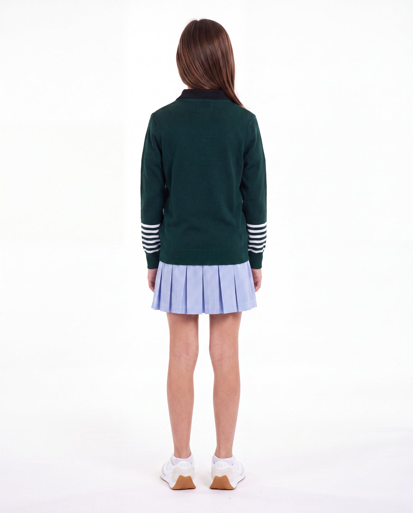 V-Neck Pullover with Striped Sleeves Green