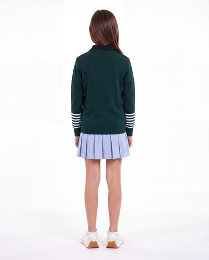 V-Neck Pullover with Striped Sleeves Green